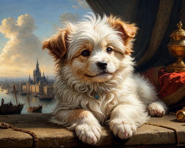 Fluffy Puppy on Wooden Surface with Scenic Background