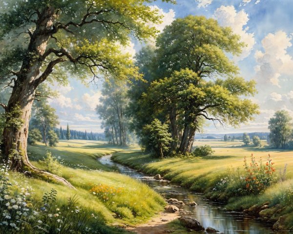 Serene Landscape with Stream and Wildflowers