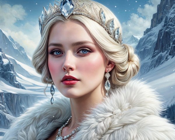 Regal figure in crown with snowy mountain backdrop
