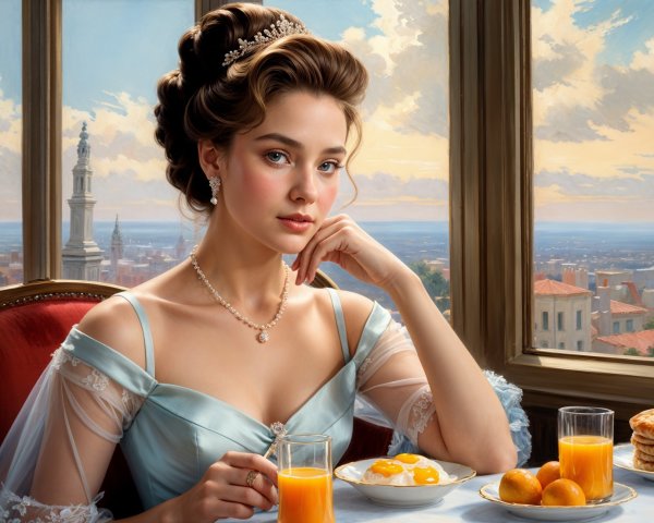 Young woman in blue gown at elegant breakfast table