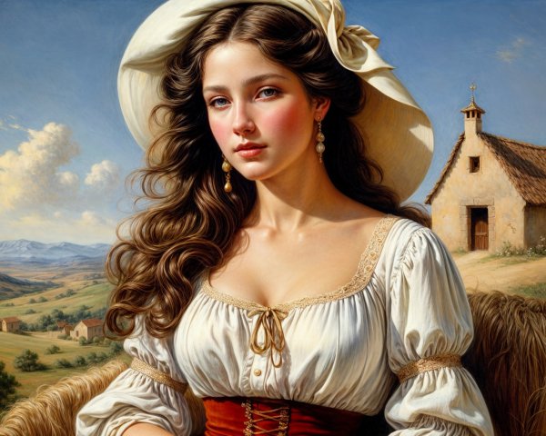 Young woman in white blouse and red corset in landscape