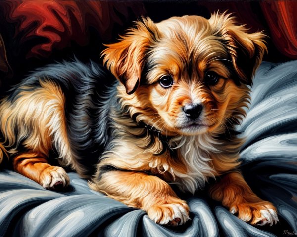 Fluffy Puppy on Plush Cushion in Warm Atmosphere