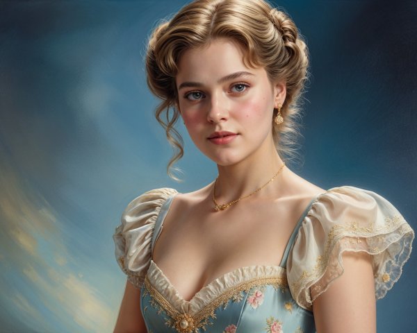 Young woman in pastel blue dress with floral designs