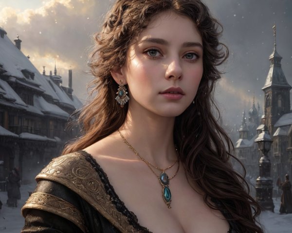 Digital artwork: Woman with braided brown hair in gold-trimmed dress, snowy village backdrop
