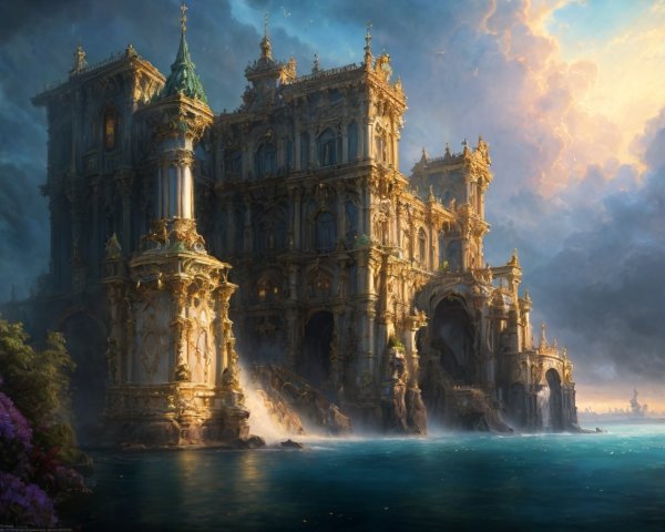 Opulent fantasy palace with ornate towers at sunset by tranquil sea