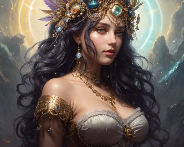Woman with Gem-Studded Crown and Golden Armor