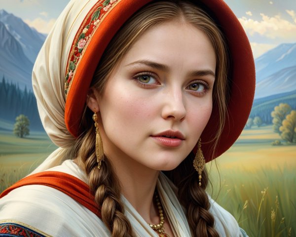 Young Woman in Traditional Attire with Scenic Background