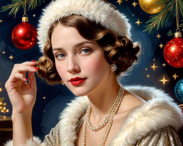 Glamorous Woman in Fur Coat by Christmas Tree