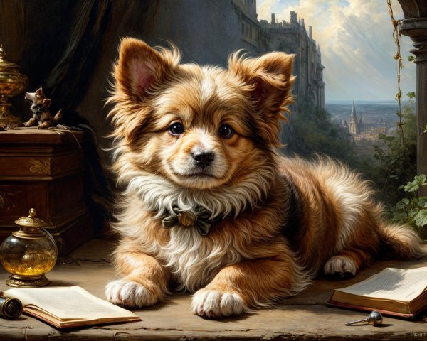 Fluffy Dog on Desk with Historical Backdrop and Mouse