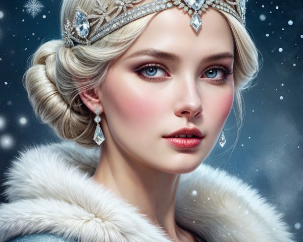 Young Woman in Tiara Against Winter Snow Background