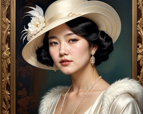 Elegant Vintage Outfit with Wide-Brimmed Hat and Pearls