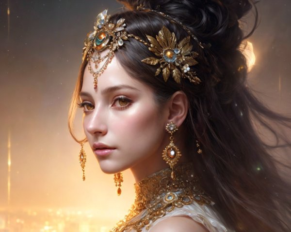 Digital Portrait of Woman with Golden Jewelry and Bindi