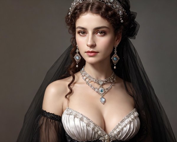 Vintage Attire Woman with Intricate Headdress and Jewelry