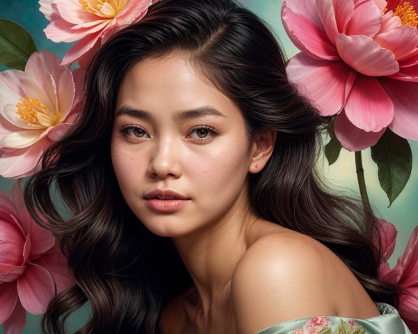 Close-up Portrait of a Woman with Flowers and Gradient