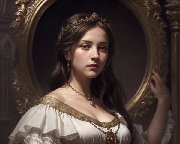 Regal woman in crown and white gown before ornate mirror