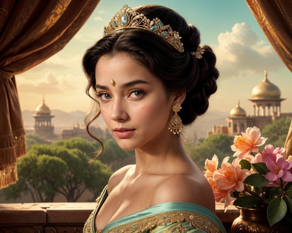 Regal Elegance of a Young Woman in Vibrant Landscape