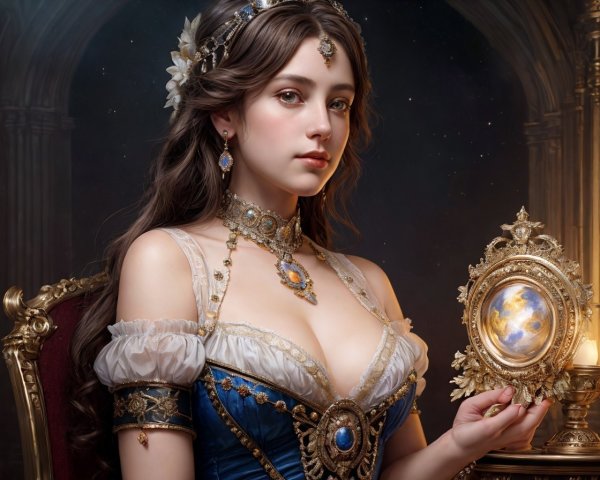Victorian woman in royal blue and gold dress with ornate mirror
