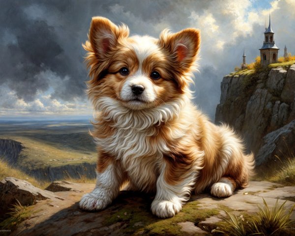 Fluffy Dog on Rocky Ledge with Scenic Landscape
