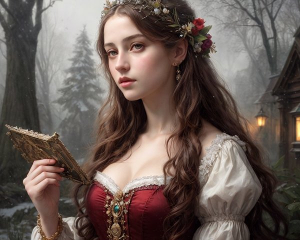 Woman in Floral Crown with Book in Misty Woodland