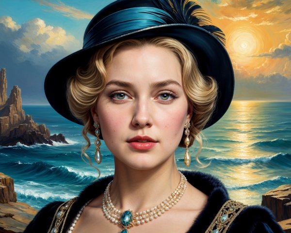 Young Woman in Stylish Hat by Coastal Sunset