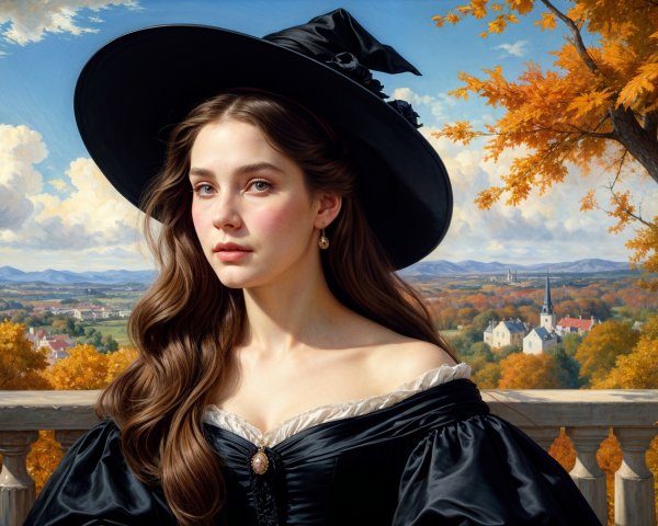 Young woman in black gown against autumn landscape