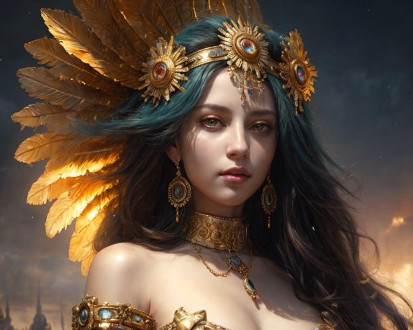 Digital Artwork of Woman with Blue Eyes and Gold Headdress
