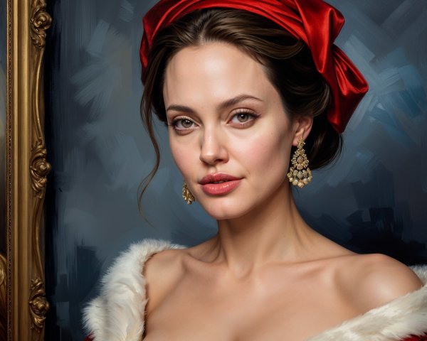 Elegant Woman in Outfit with Red Ribbon and Earrings