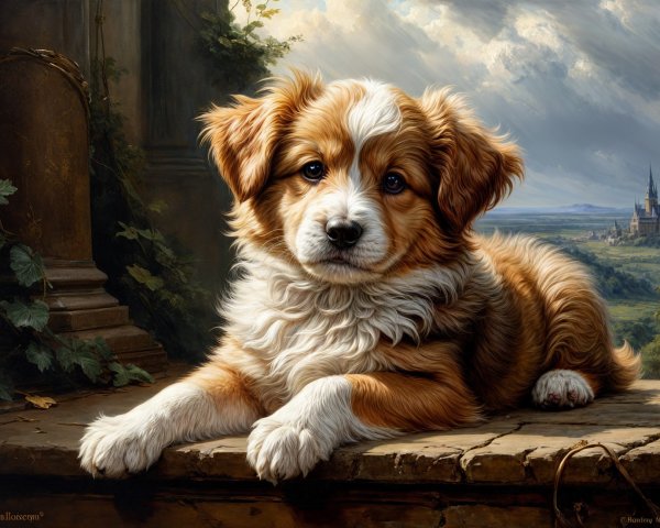 Fluffy Golden-Brown Puppy on Stone Ledge in Nature