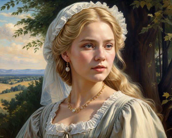 Young Woman in Cream Dress Against Scenic Landscape