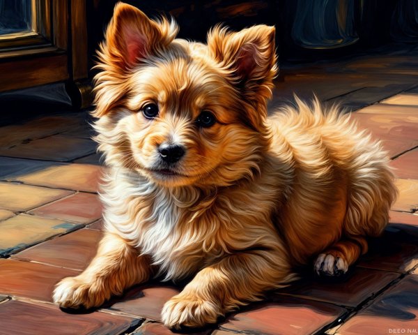 Fluffy Small Dog with Golden-Orange Coat Relaxing Indoors