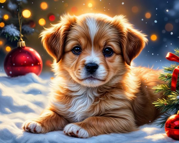 Fluffy Golden Puppy in Cozy Holiday Snow Scene