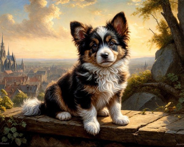 Tricolor Puppy on Ledge with Sunset and Town Background