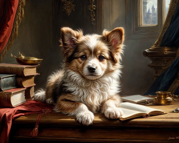 Fluffy Puppy Resting Among Antique Books and Soft Light