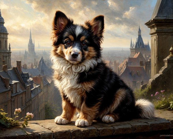 Fluffy Tricolor Dog Overlooks Medieval Townscape