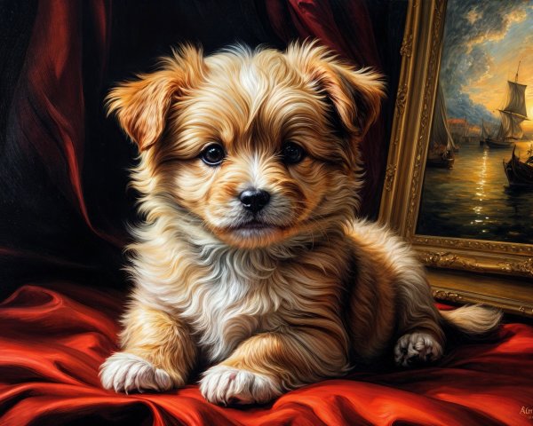 Fluffy puppy on red drape with classic painting backdrop