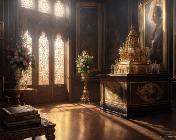 Opulent Room with Golden Furnishings and Stained Glass