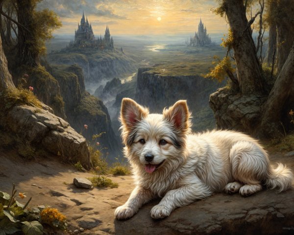 Fluffy White Dog in Fantasy Landscape with Castles