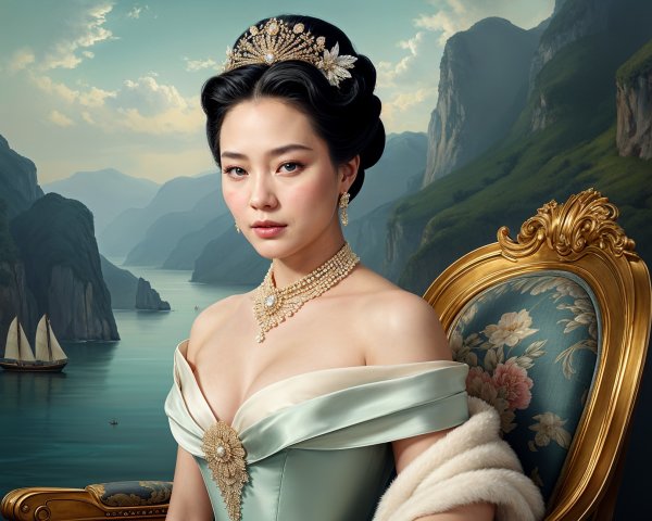 Regal Woman in Mint-Green Gown and Elegant Setting