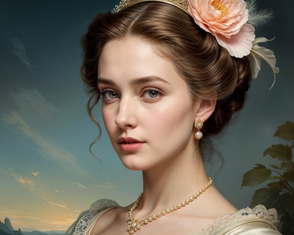 Young Woman in Elegant Gown with Serene Landscape