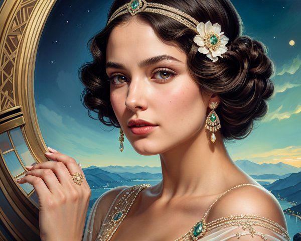Elegant Young Woman in Intricate Gown with Jewelry