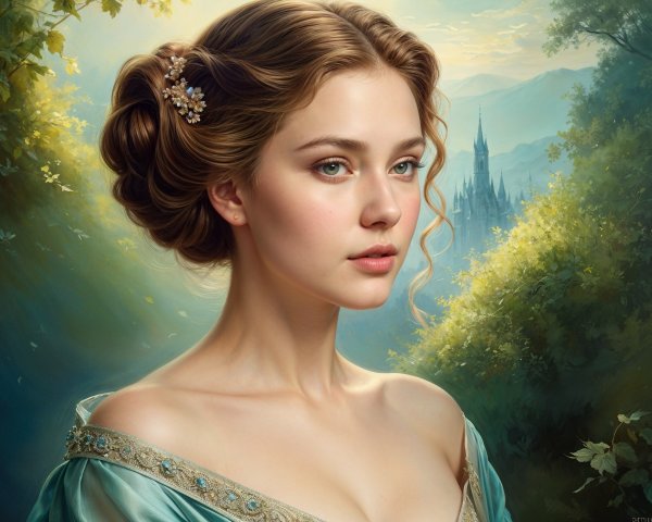 Young woman in blue gown with mountains and castle backdrop