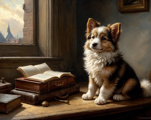 Corgi on Table with Books in Cozy Sunlit Room