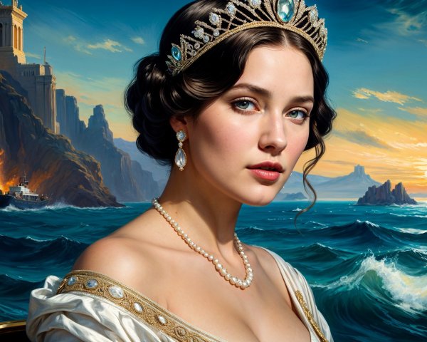 Regal young woman in elegant gown by seascape sunset