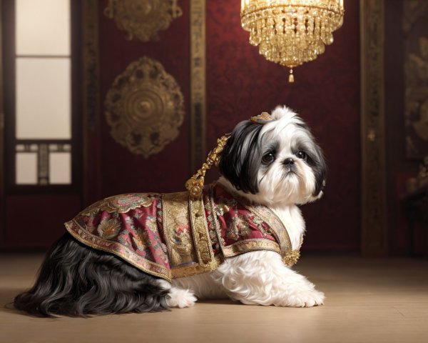 Luxurious Shih Tzu Dog in Gold-Embroidered Costume in Opulent Room