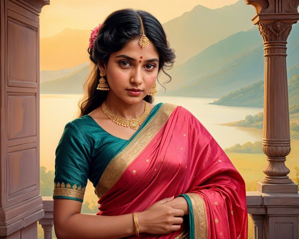 Elegant Woman in Vibrant Sari by Ornate Balcony