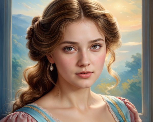 Young woman in blue dress with serene mountain backdrop