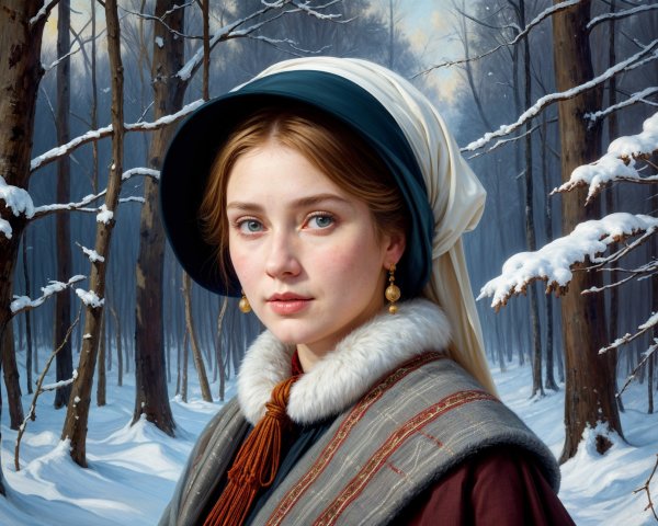 Young Woman in Snowy Forest with Serene Background