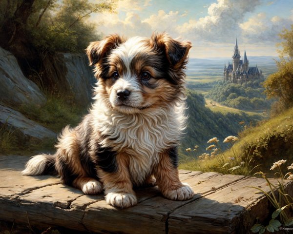 Puppy on Platform Overlooking Valley and Castle