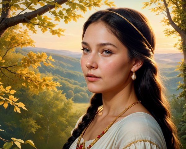 Young Woman in White Dress Against Sunset Background