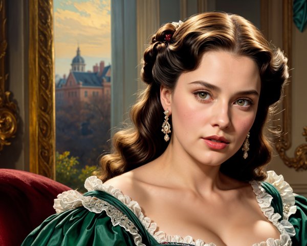 Young Woman in Elegant 19th-Century Green Gown